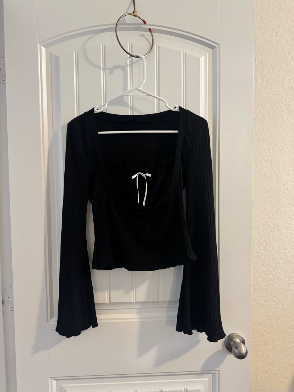SHEIN Black Ribbed Sweetheart Bell-Sleeve Top with Bow Y2K - Picture 2 of 6